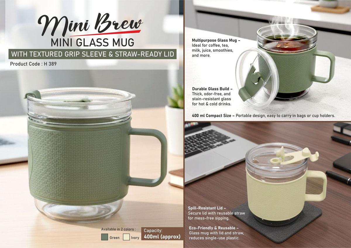 MiniBrew Glass Mug with Grip Sleeve, Straw Lid, Dual Sip, 400ml