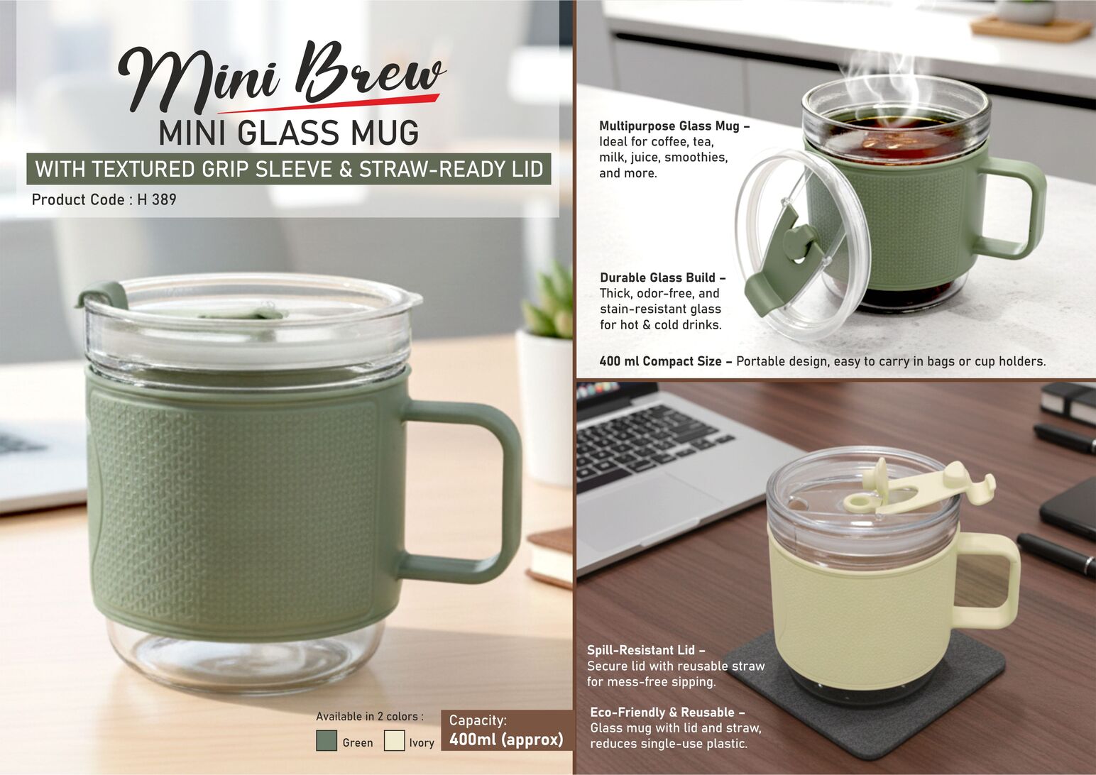 MiniBrew Glass Mug with Grip Sleeve, Straw Lid, Dual Sip, 400ml