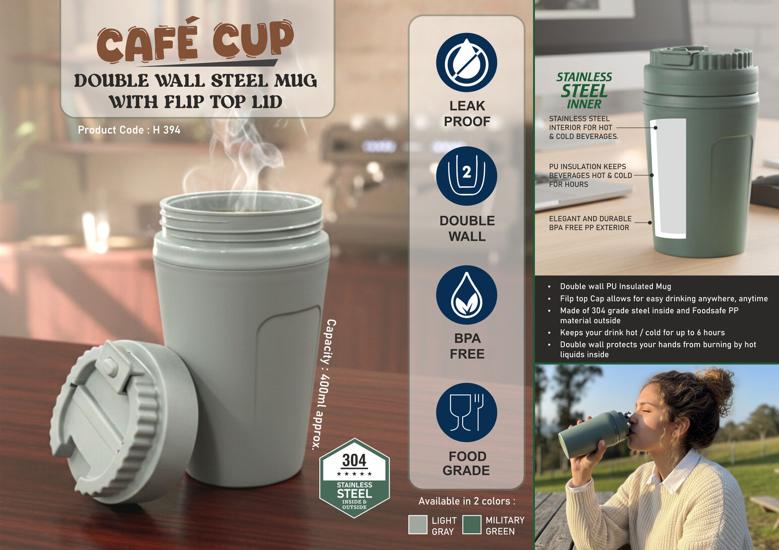 Cafe Cup Double Wall Insulated Steel Mug with Flip Lid, 400ml Capacity