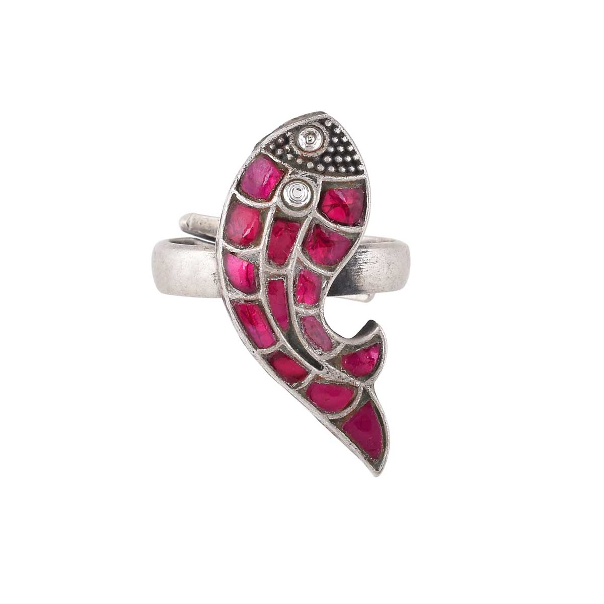 Handmade 925 Sterling Silver Kundan Fish Ring