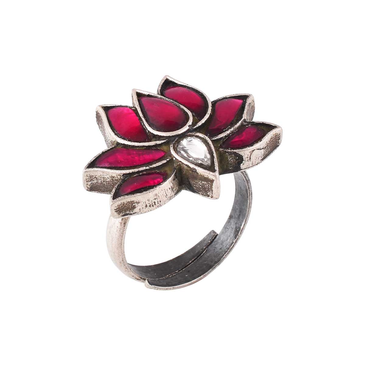 Kundan Lotus Flower Silver Ring-2