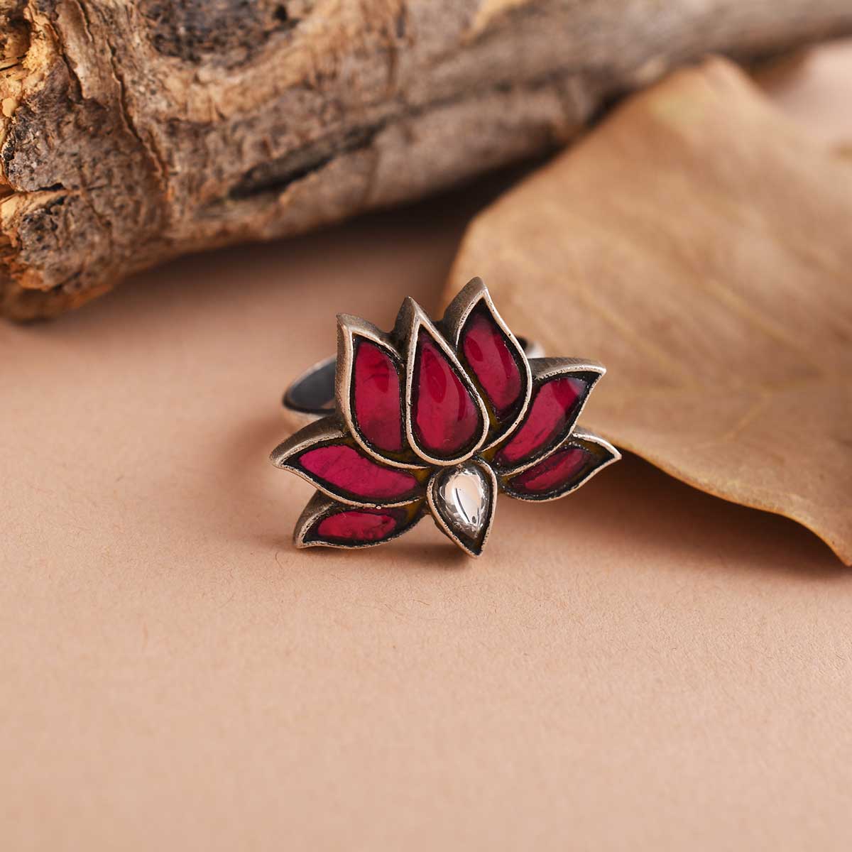 Kundan Lotus Flower Silver Ring-1