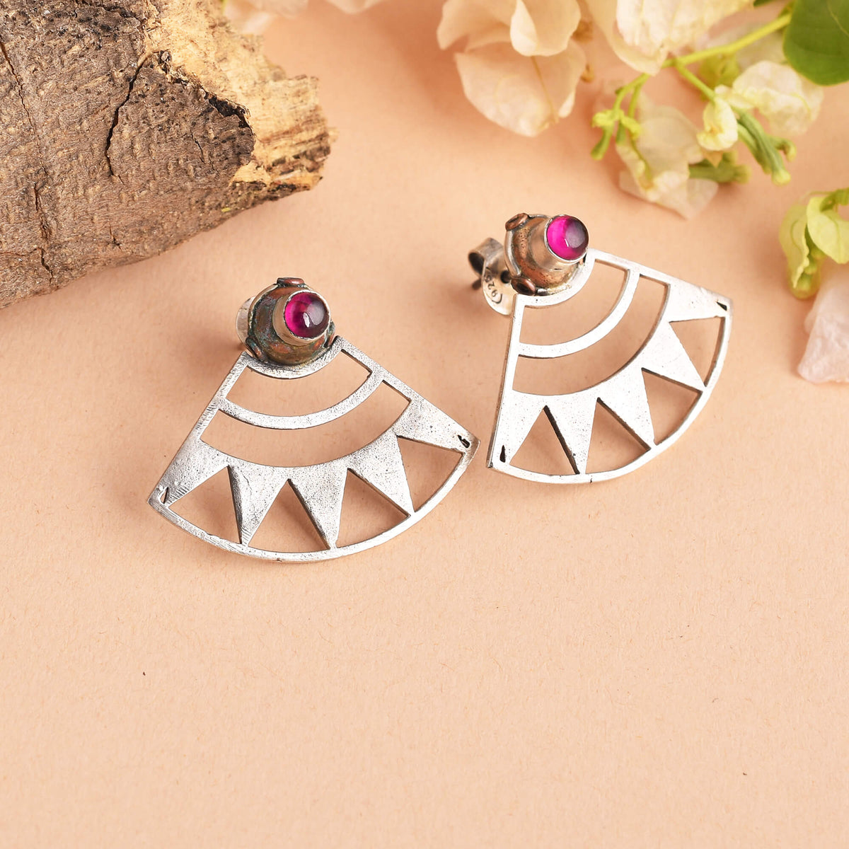 Sterling Silver Triangle Ruby Earrings-1