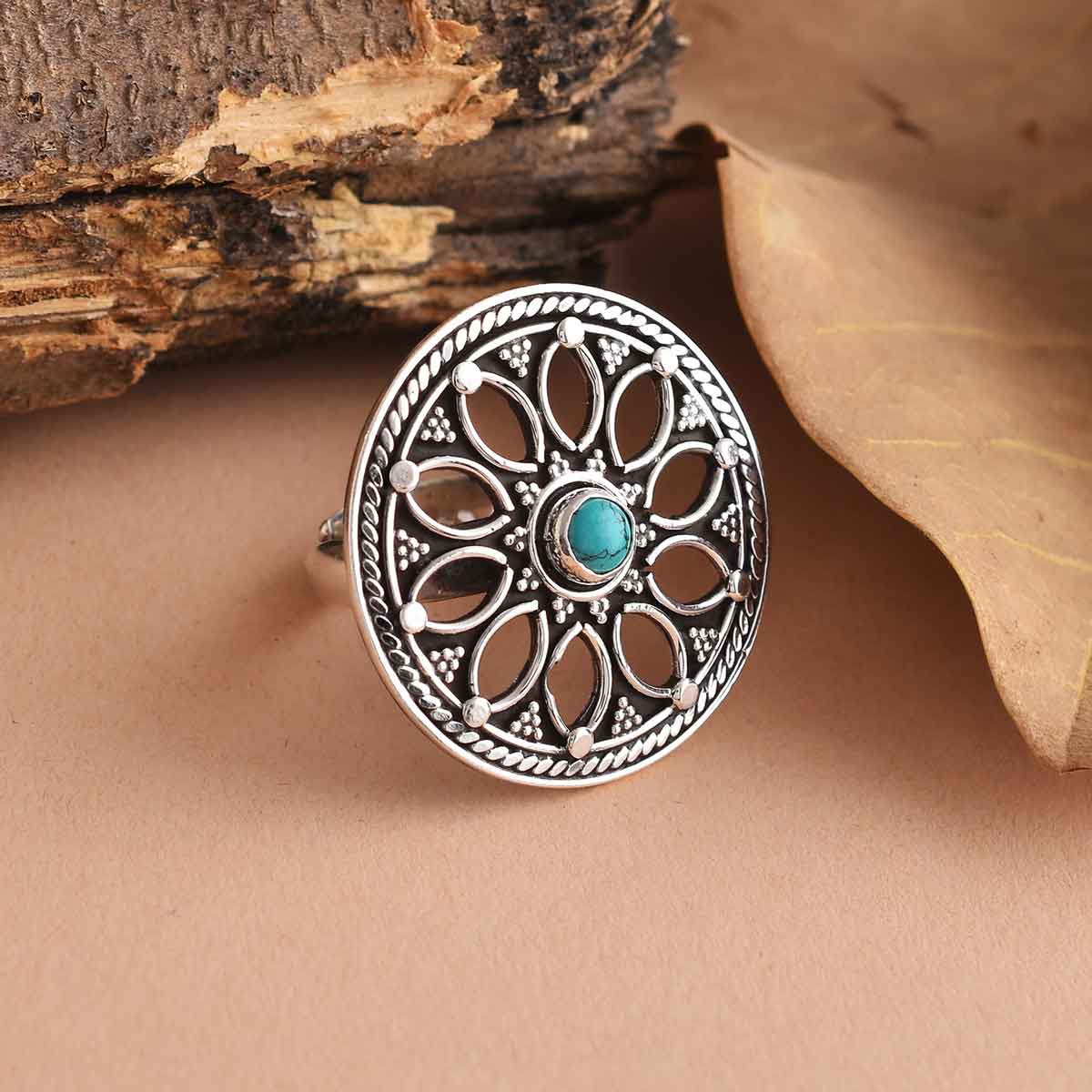 Turquoise Floral 925 Silver Adjustable Ring-1