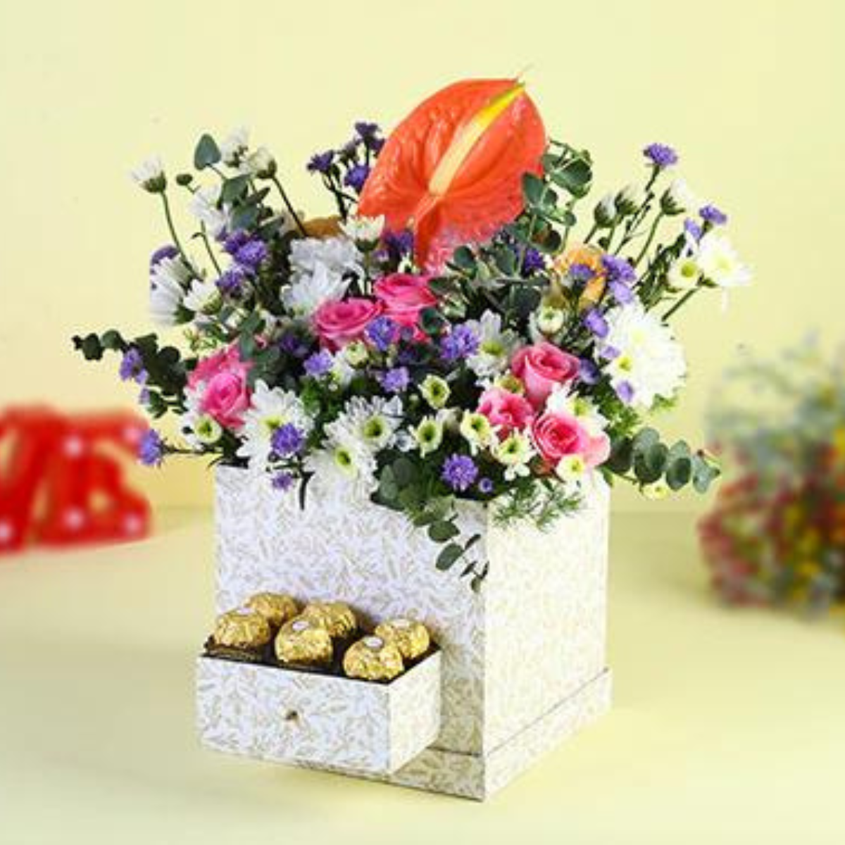 Ferrero Rocher And Mixed Flowers Arrangement