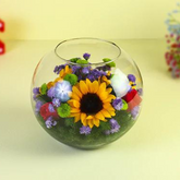 Roses and Sun Flower in Fishbowl Vase