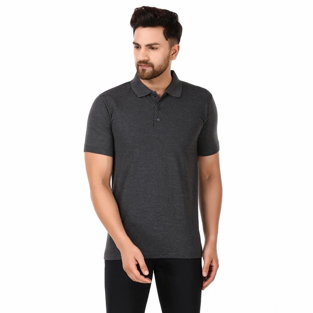 Plain Cotton 200 GSM Dark Grey Men Half Sleeves Collar T Shirt, Polo Neck