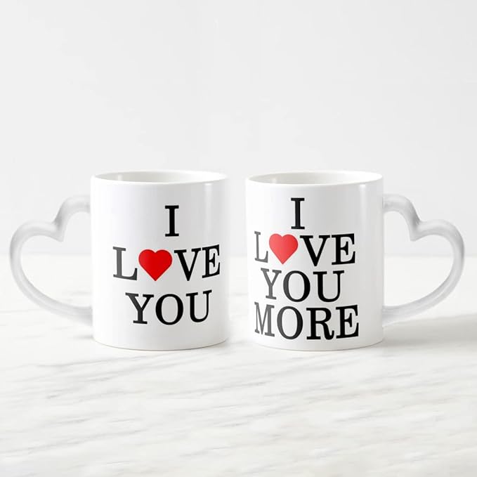 I Love You More Heart Shape Handle Ceramic Mug - Set of 2