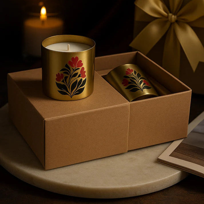 Set of 2 Floral Motif Metallic Jar Candles in Bakul & Parijat Fragrance