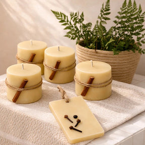 All Organic Beecoco Wax Candle Gift Set Of 4 Small Pillar Candles & One Fragrance Bar In Orange And Clove Blend