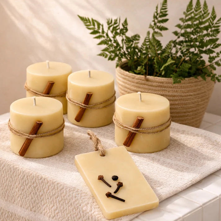 All Organic Beecoco Wax Candle Gift Set Of 4 Small Pillar Candles & One Fragrance Bar In Orange And Clove Blend