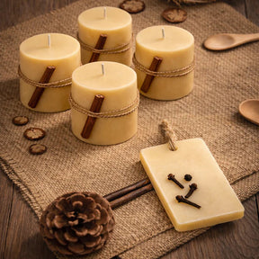 All Organic Beecoco Wax Candle Gift Set Of 4 Small Pillar Candles & One Fragrance Bar In Orange And Clove Blend