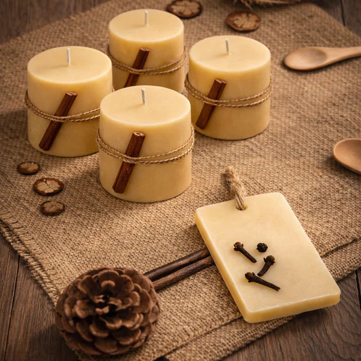 All Organic Beecoco Wax Candle Gift Set Of 4 Small Pillar Candles & One Fragrance Bar In Orange And Clove Blend