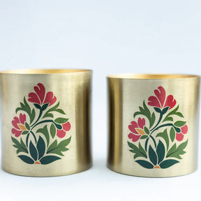 Set of 2 Floral Motif Metallic Jar Candles in Bakul & Parijat Fragrance