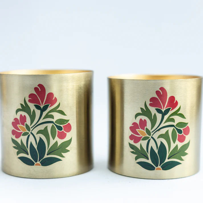 Set of 2 Floral Motif Metallic Jar Candles in Bakul & Parijat Fragrance