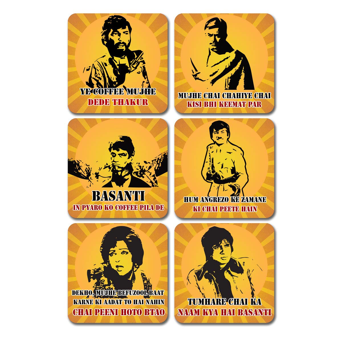 Classic Bollywood Blockbuster Actor With Famous Dialogue Printed Coasters Set of 6