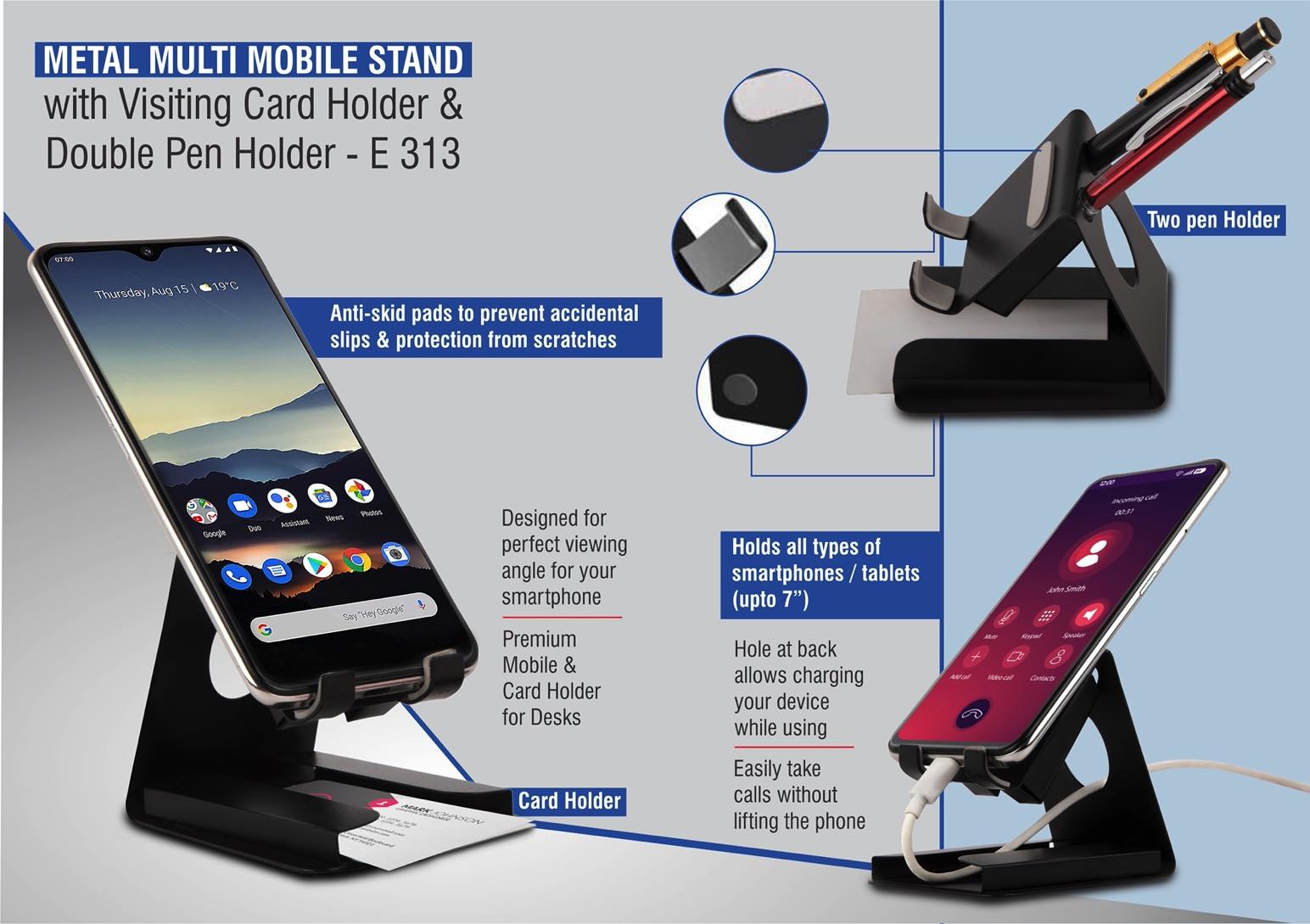 Metal multi mobile stand with pen holders and visiting card holder
