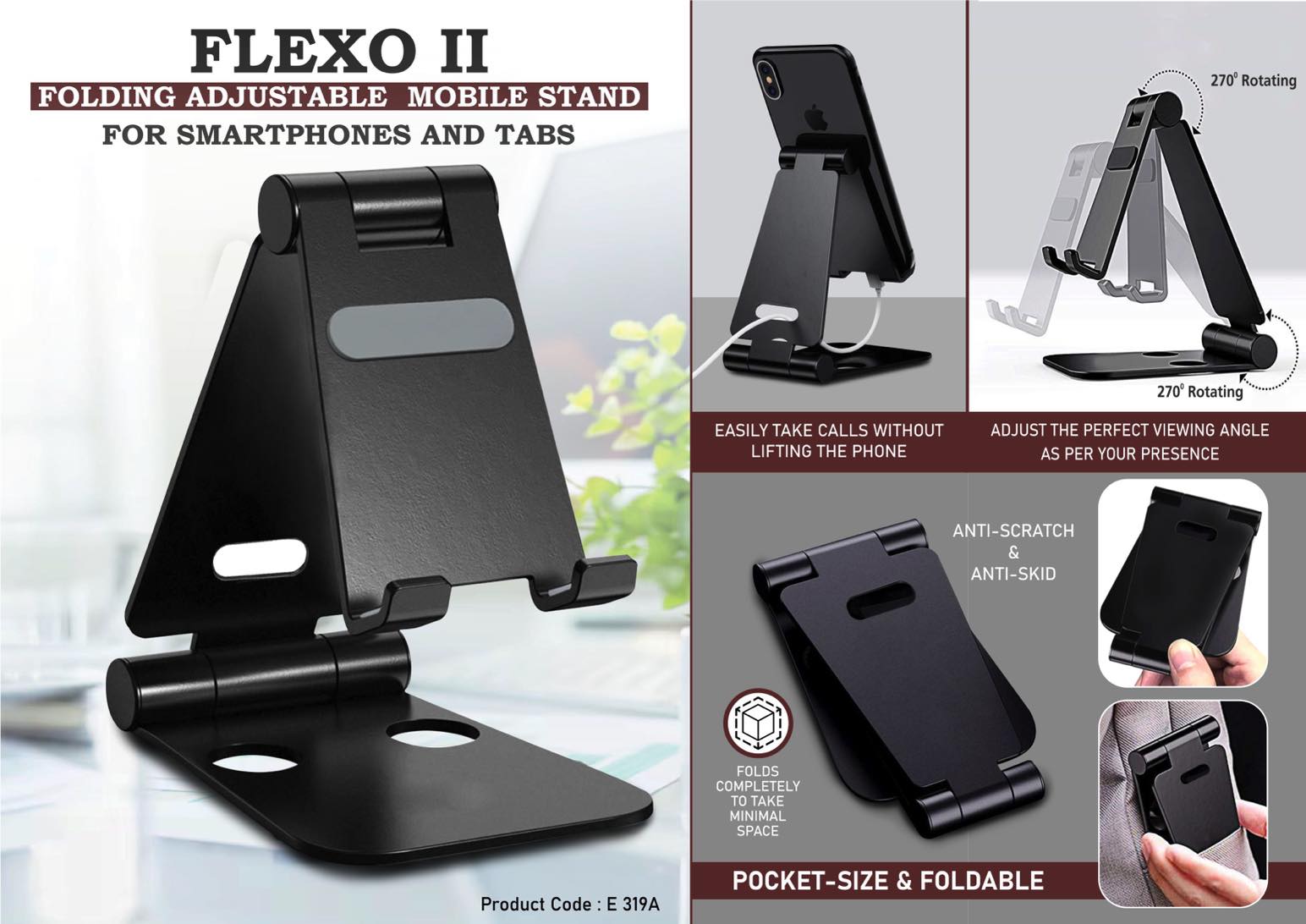 3-fold foldable metal stand for phones & tablets, compact design