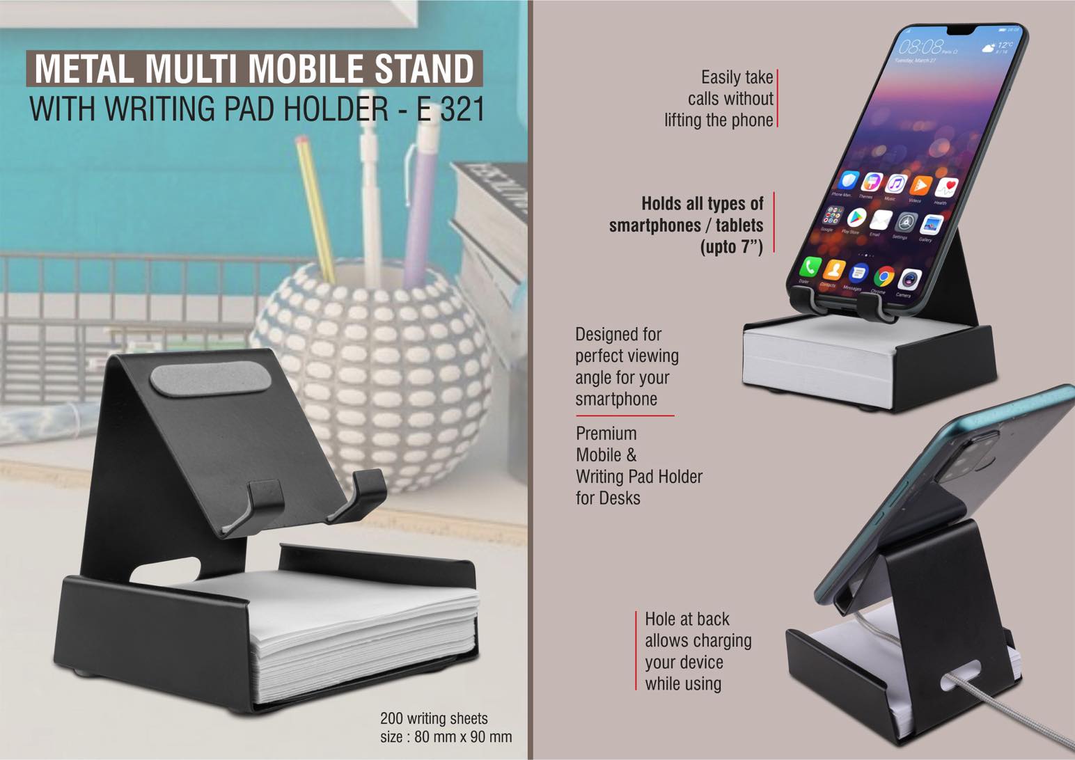 Metal mobile stand with writing pad holder, includes 200 sheets