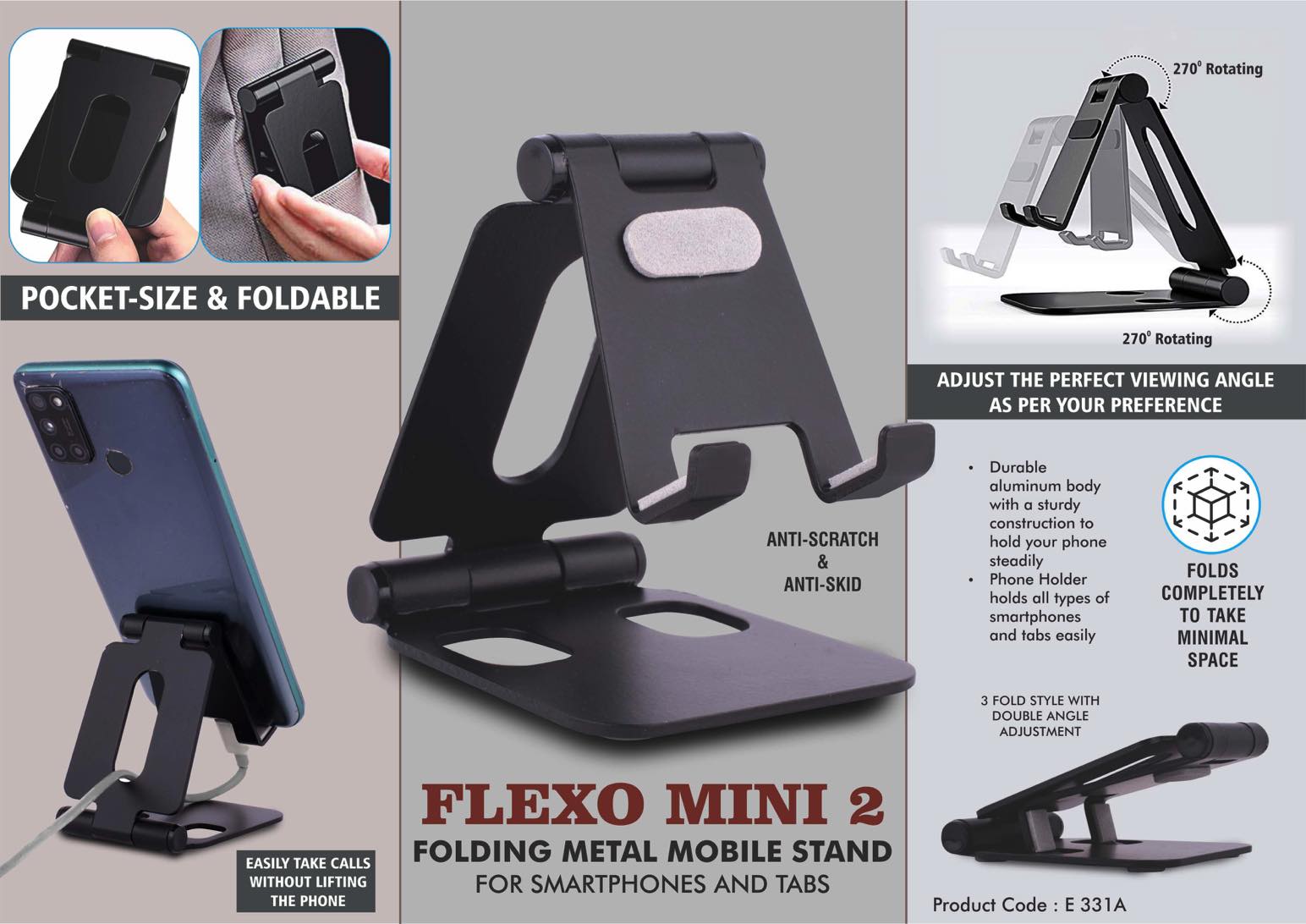3-fold metal mobile & tablet stand, foldable with dual angle adjustment