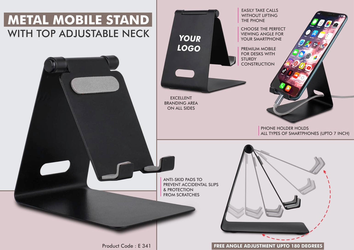 Metal mobile stand with adjustable neck and oval cable slot