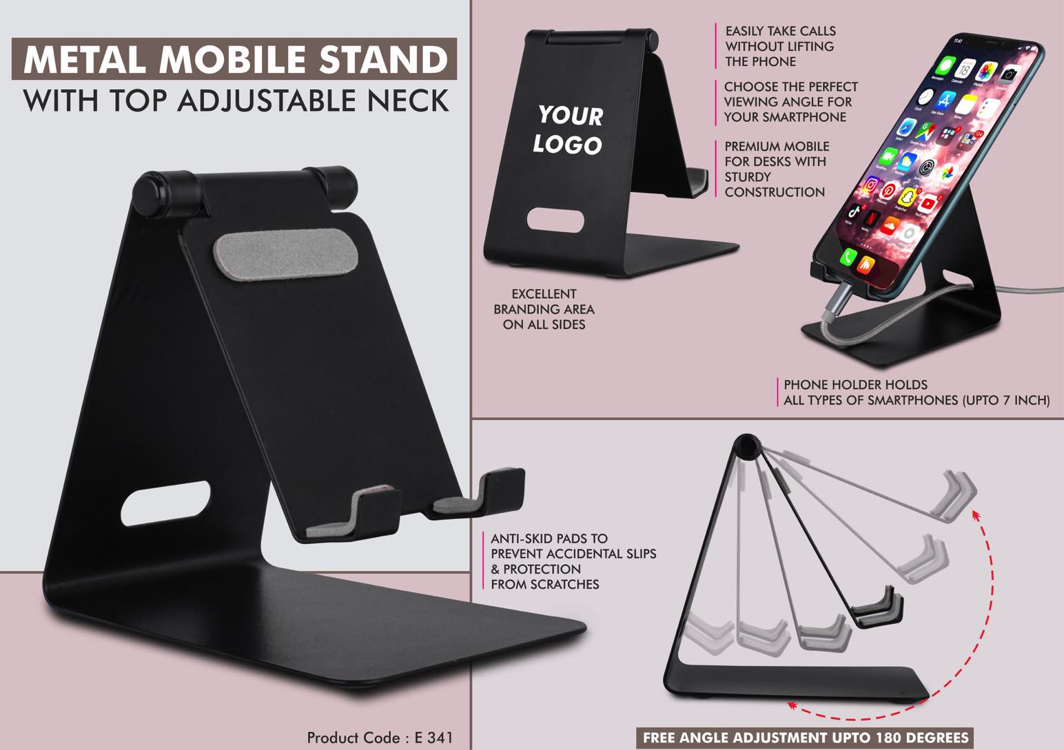 Metal mobile stand with adjustable neck and oval cable slot