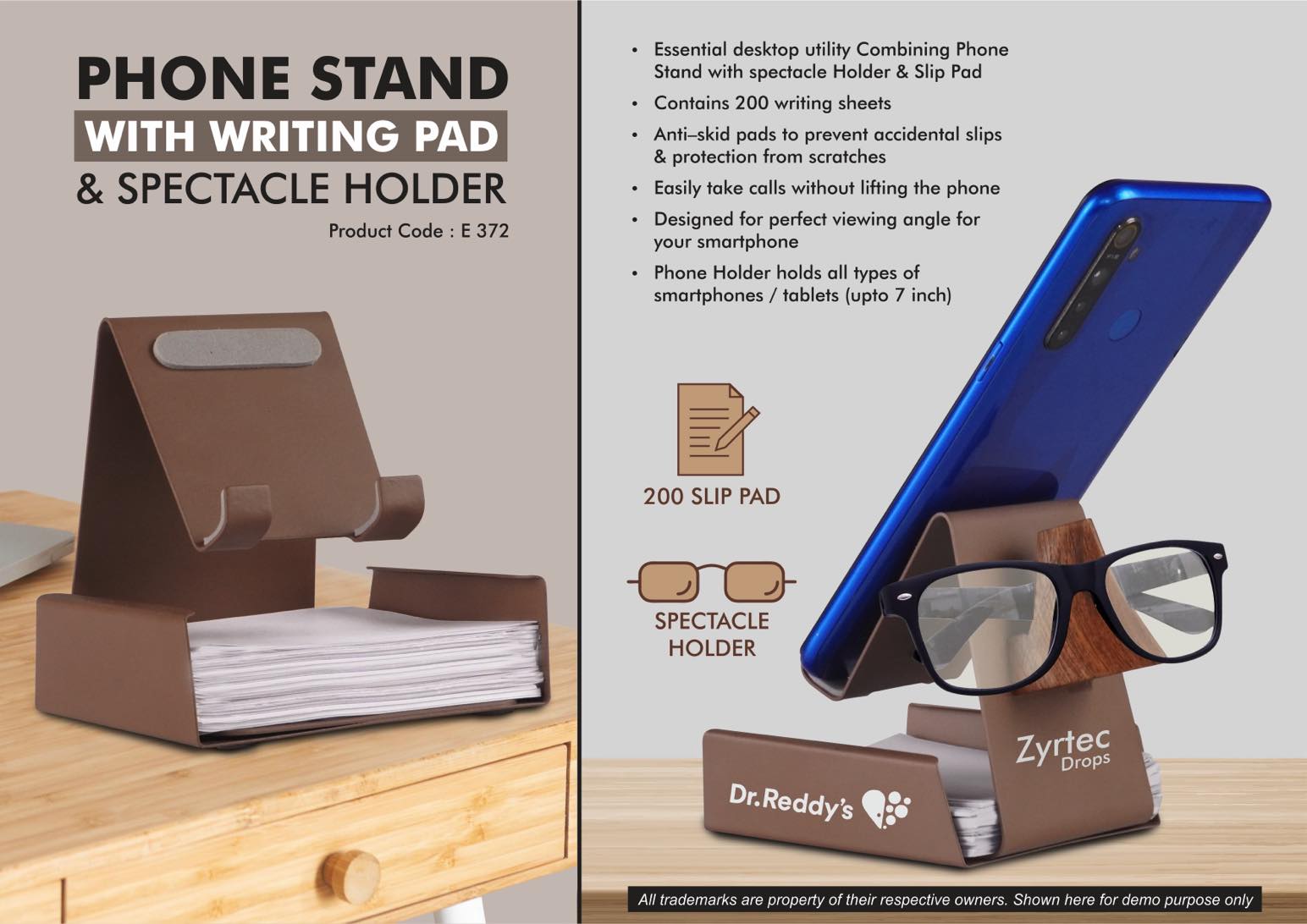 Metal mobile stand with writing pad & spectacle holder, includes 200 sheets