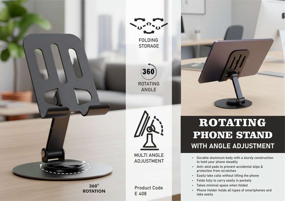 Rotating metal phone stand, foldable with adjustable angle