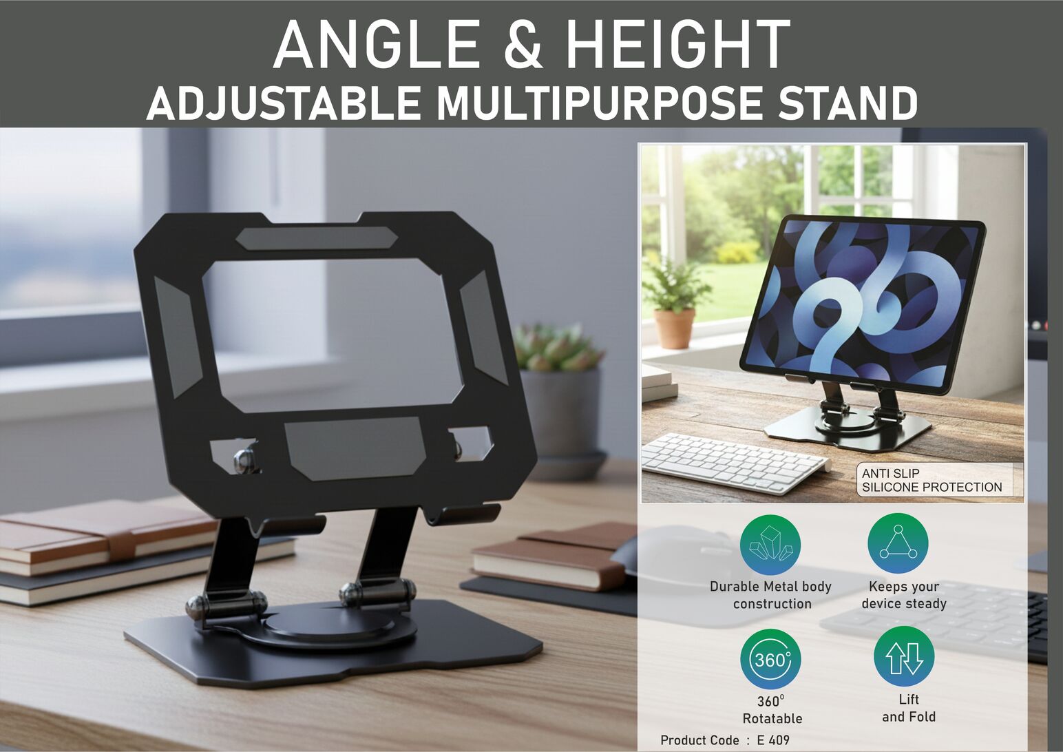 Height-adjustable rotating metal stand for phones & tablets
