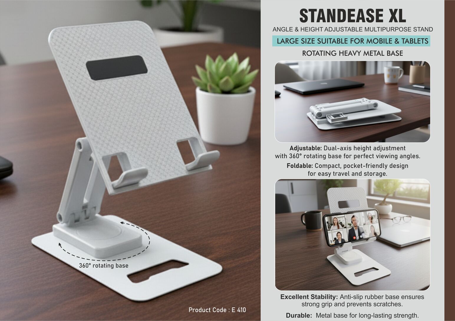 XL foldable metal stand, height & angle adjustable rotating base