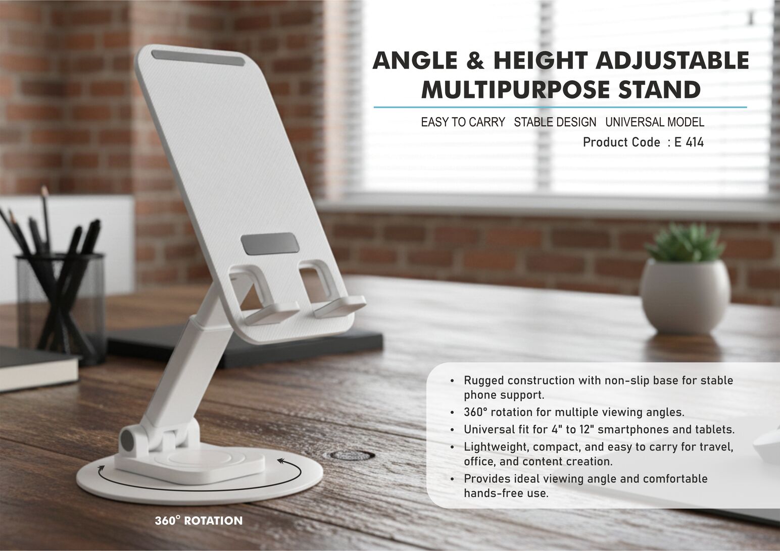 Foldable stand with height & angle adjust, rotating base for devices