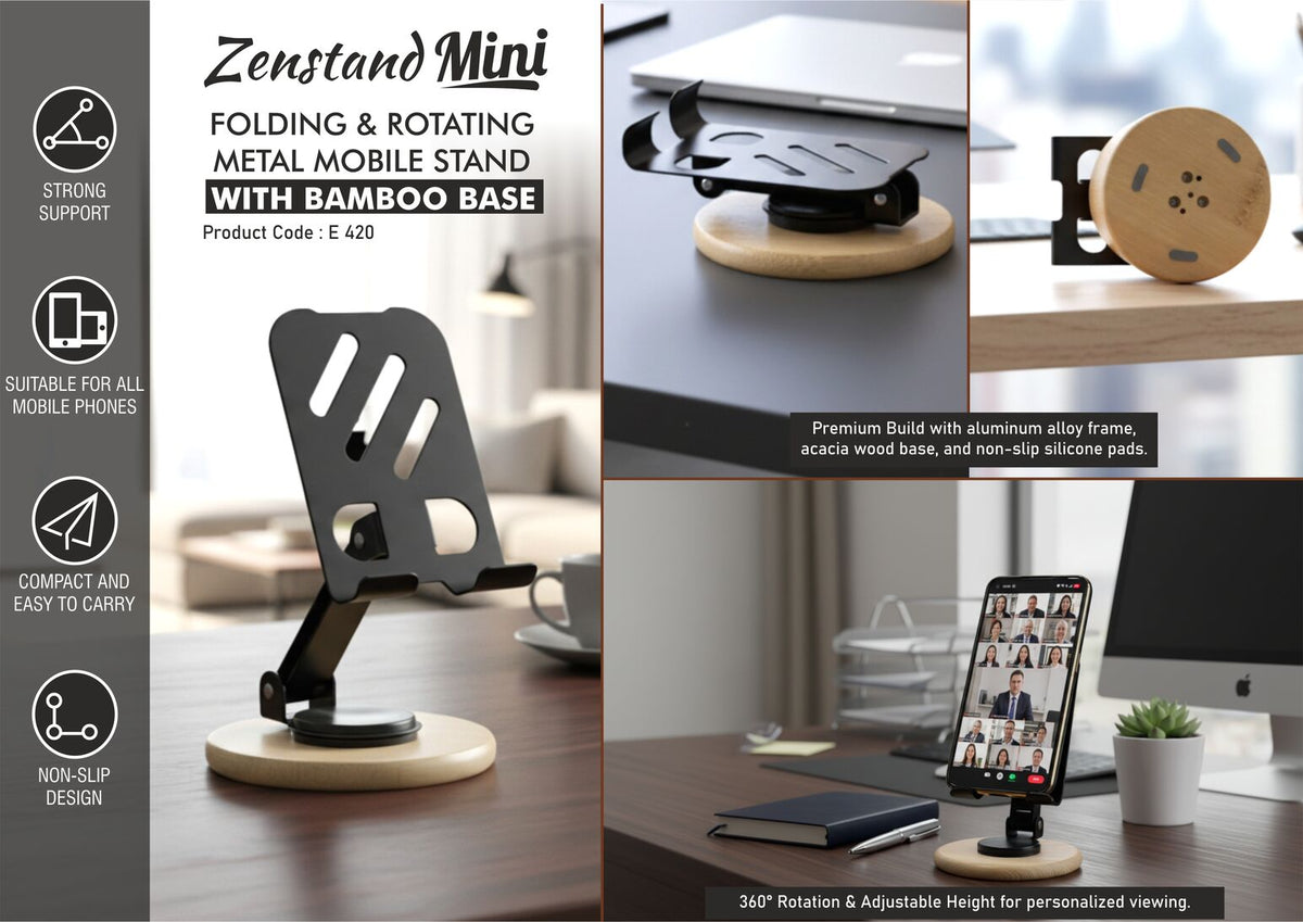 Folding rotating metal phone stand with bamboo base, space-saving design