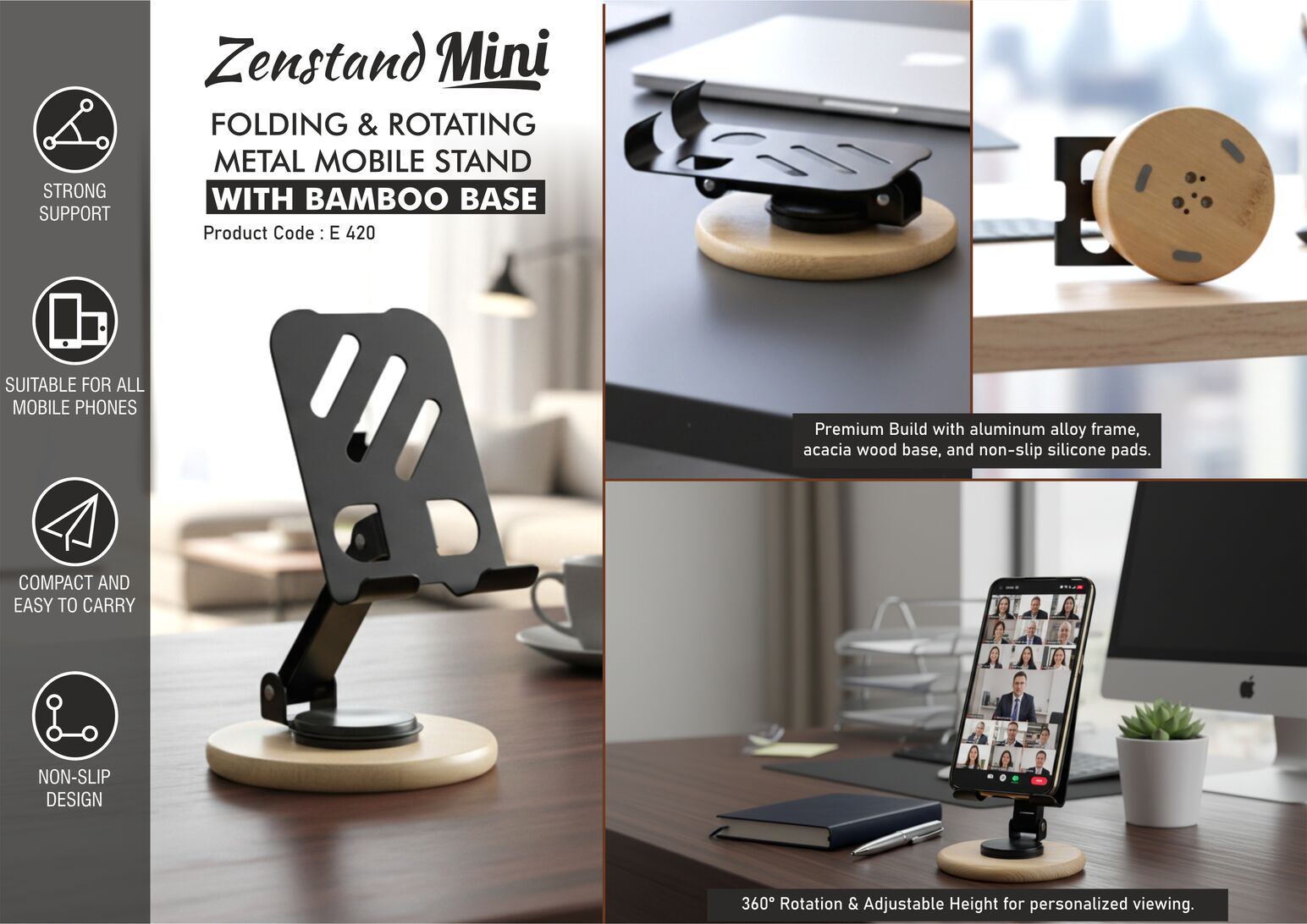 Folding rotating metal phone stand with bamboo base, space-saving design