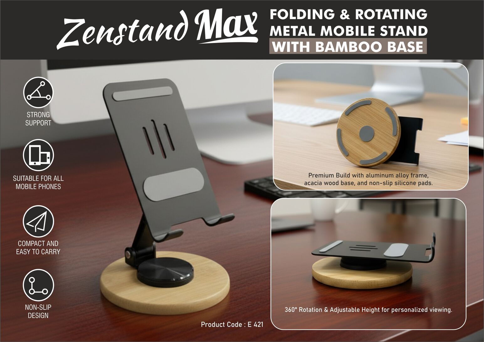 Folding rotating metal mobile stand, compact and portable