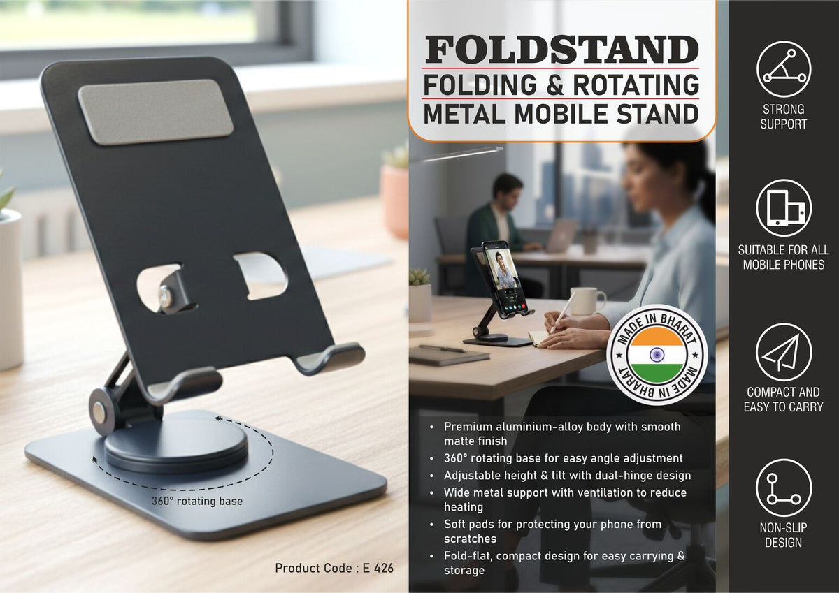 Folding rotating metal mobile stand, compact space-saving design