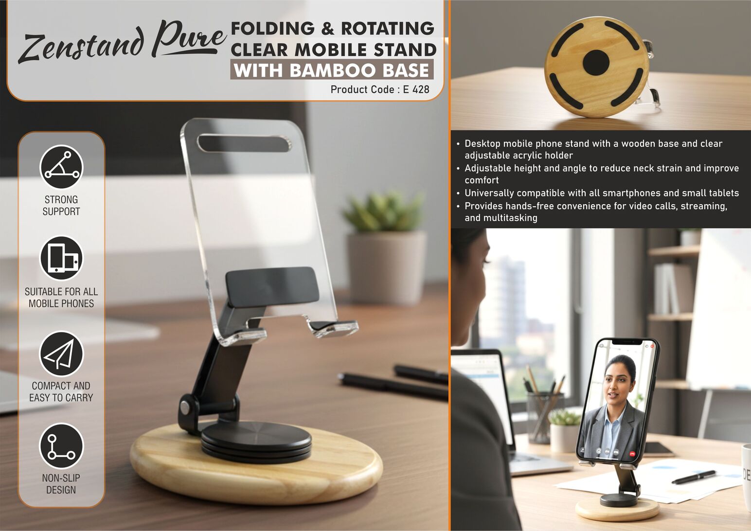 Folding clear rotating mobile stand with bamboo base, space-saving design