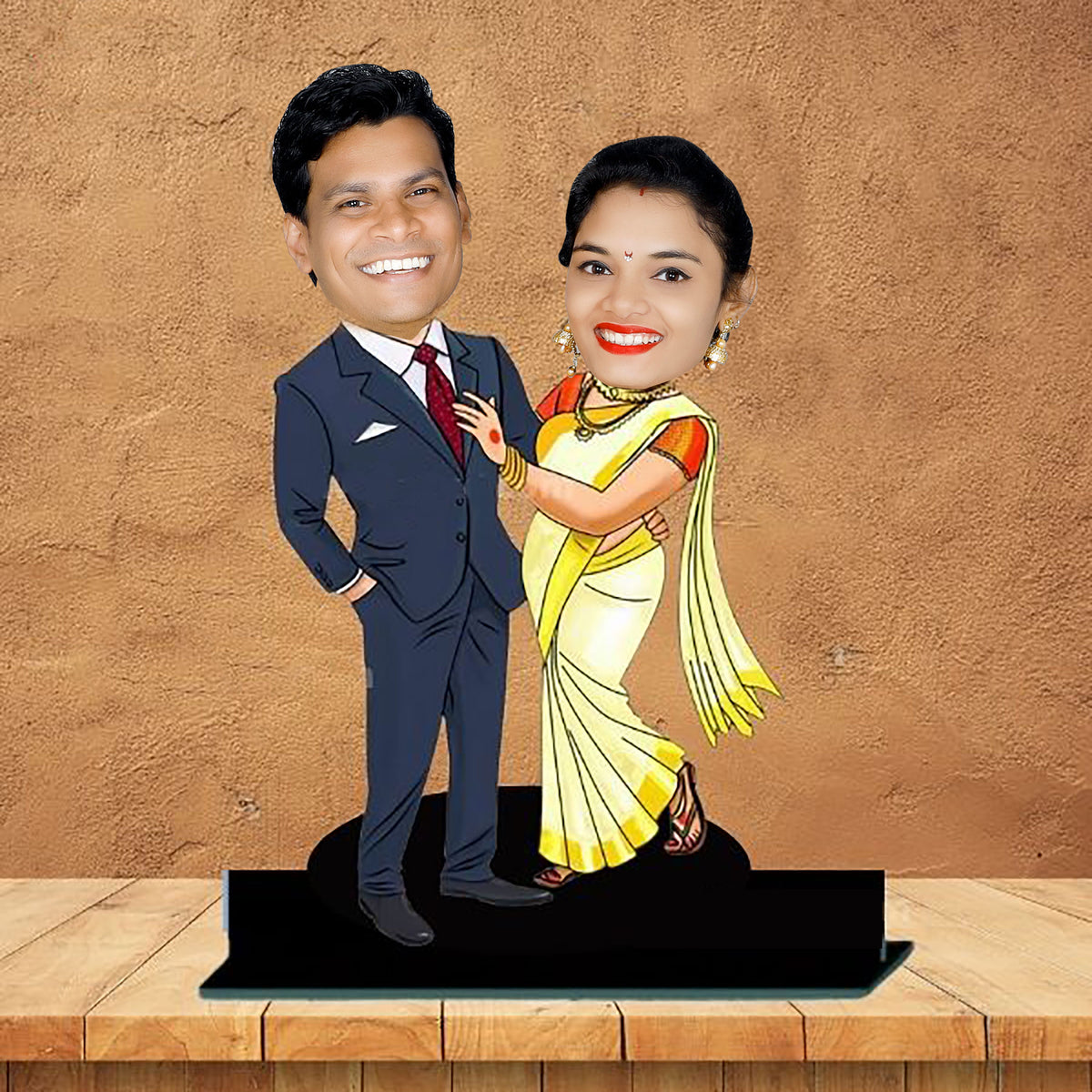 Customized 3D Colorful Caricature With Cute Couple Photo - Suit & Saree