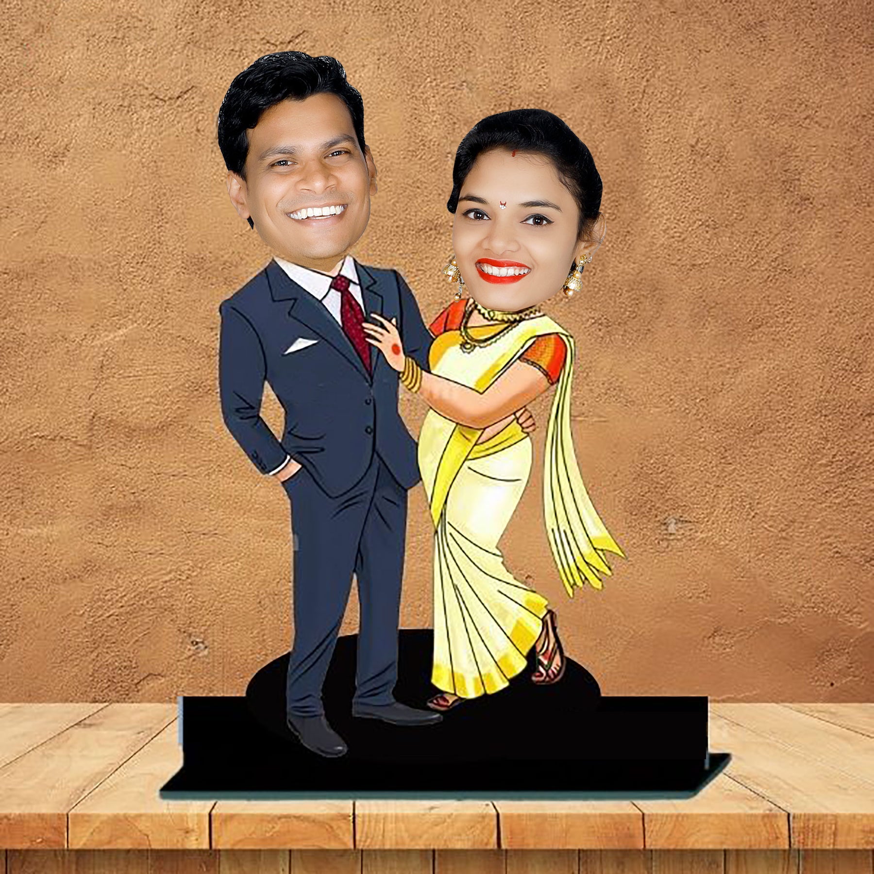 Customized 3D Colorful Caricature With Cute Couple Photo - Suit & Saree