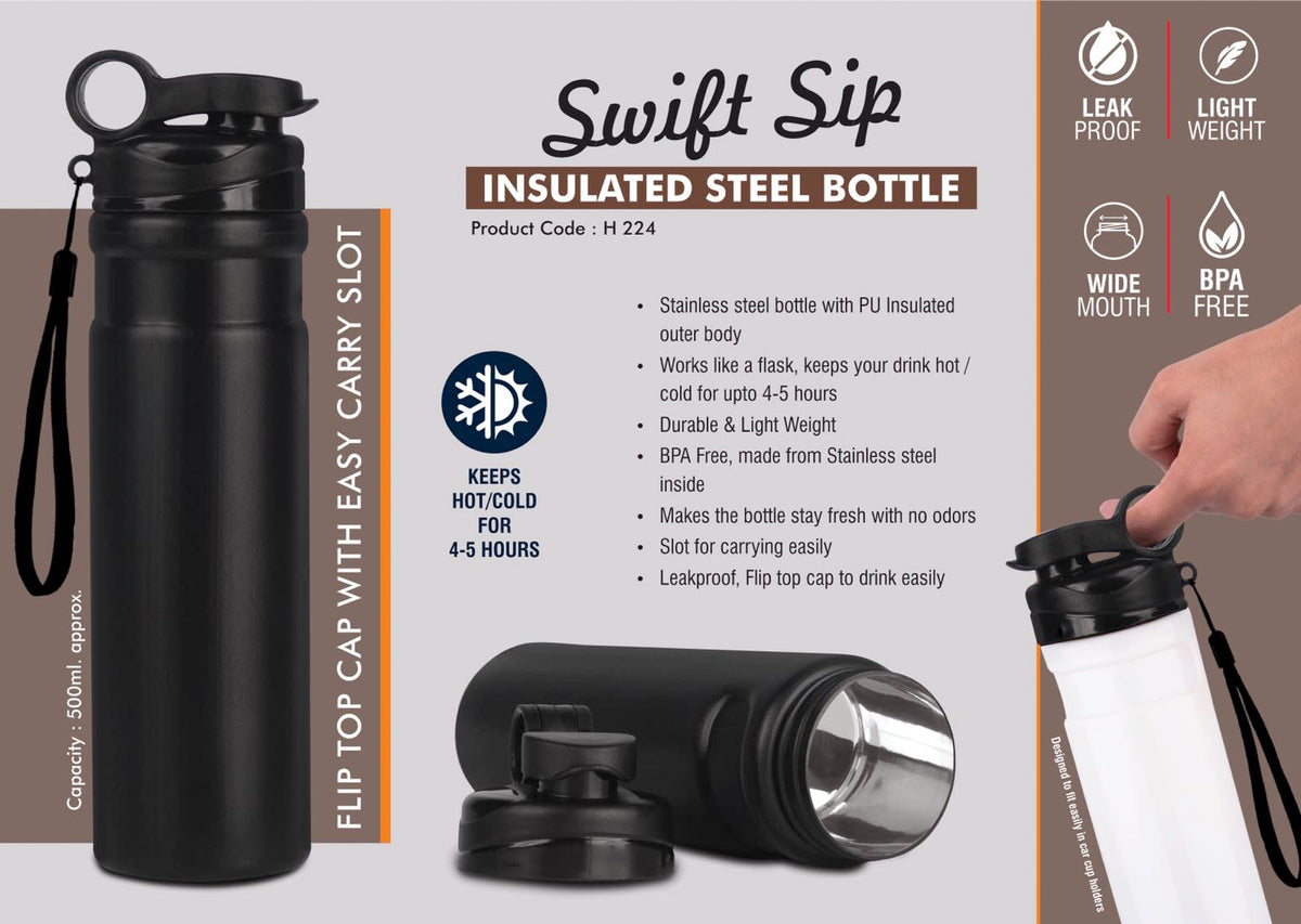 Insulated Steel Bottle, 500ml, flip cap & easy carry slot