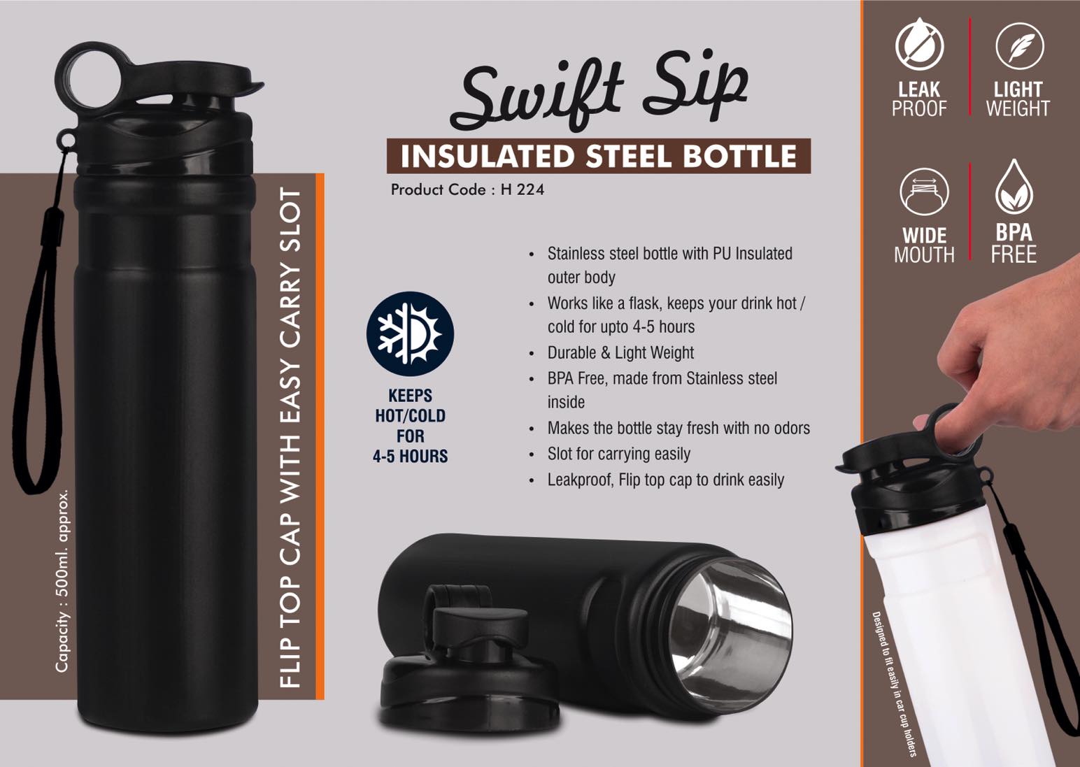 Insulated Steel Bottle, 500ml, flip cap & easy carry slot