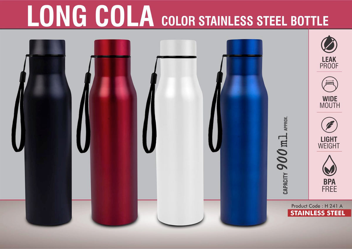 Long Cola Steel Bottle, 900ml, colored cap & carry strap
