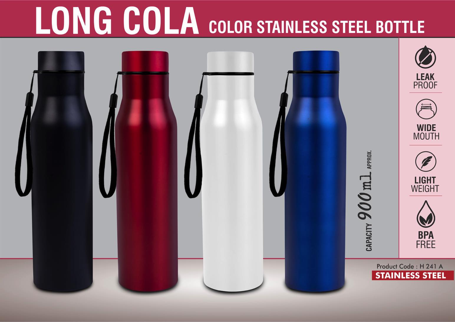 Long Cola Steel Bottle, 900ml, colored cap & carry strap