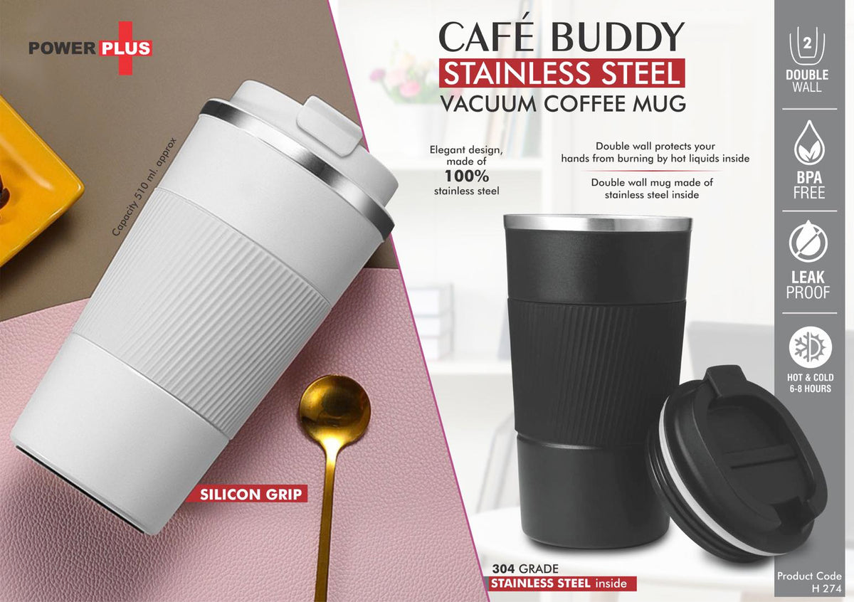 SS Vacuum Coffee Mug, 510ml, silicone grip & flip lock cap
