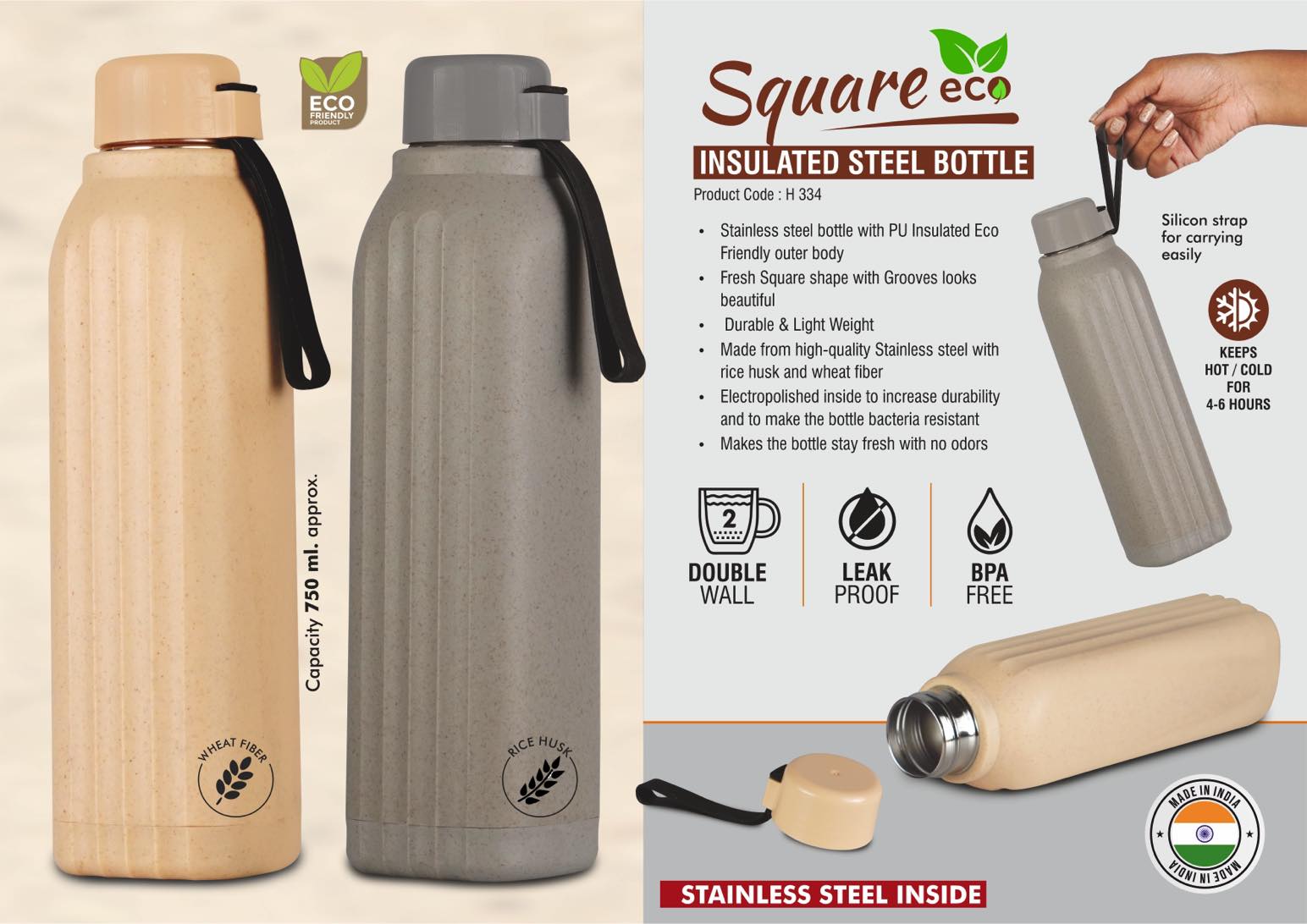 Eco Insulated Bottle, 750ml, wheat fiber, strap, 4–6h hot/cold