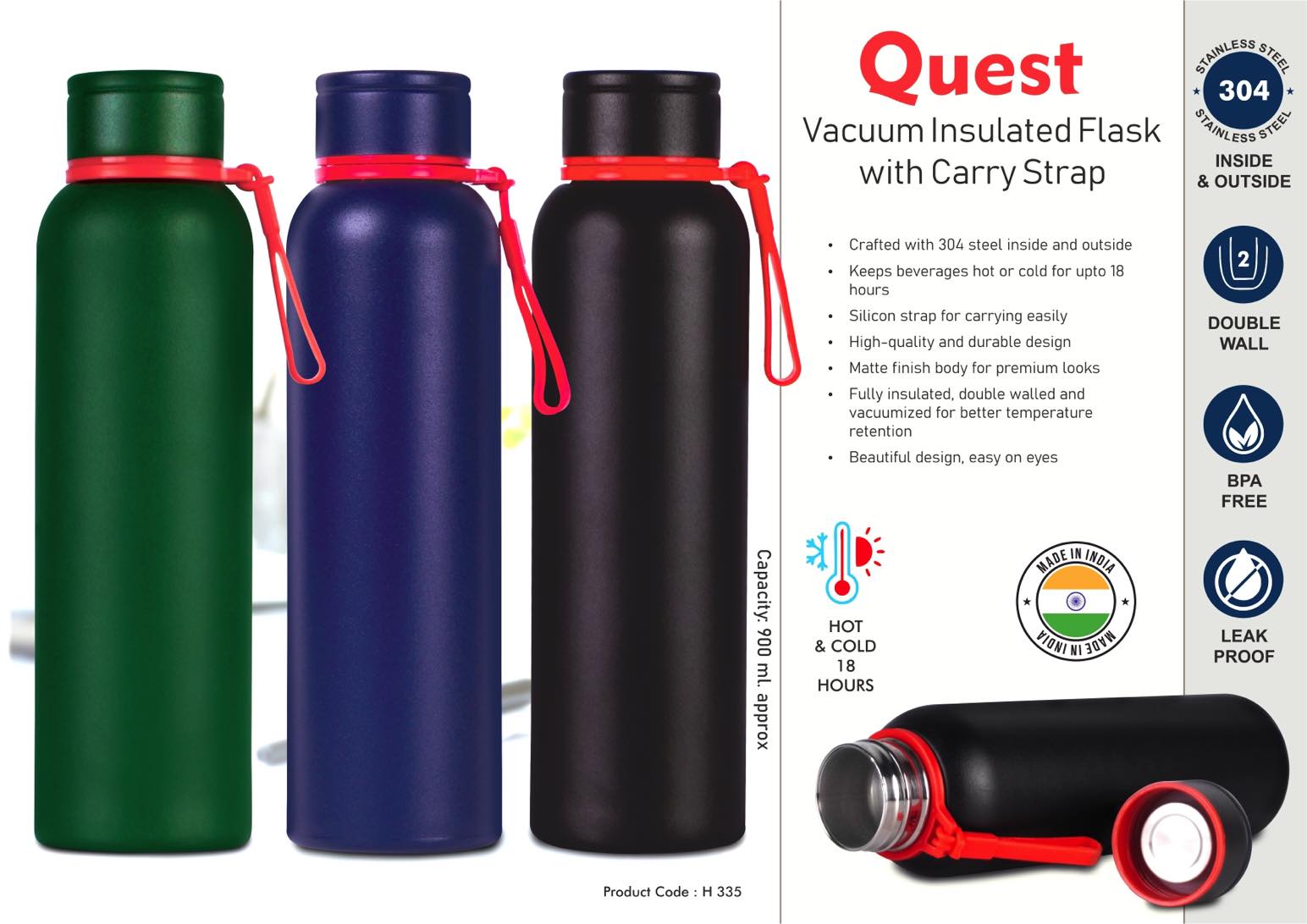 900ml Vacuum Flask, SS304, carry strap, 18h hot/cold