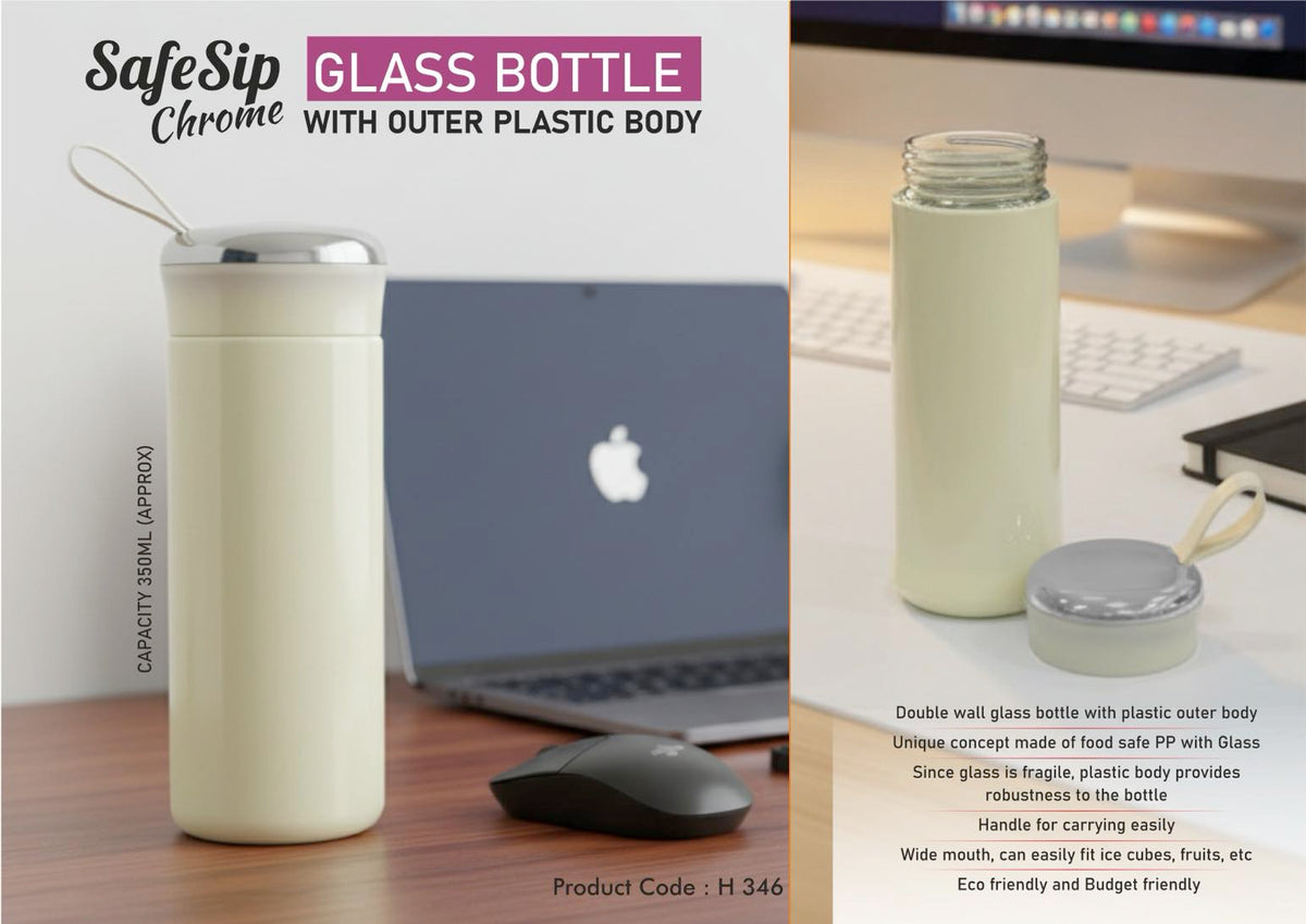 Glass bottle, plastic outer, chrome cap, strap, - 400ml capacity