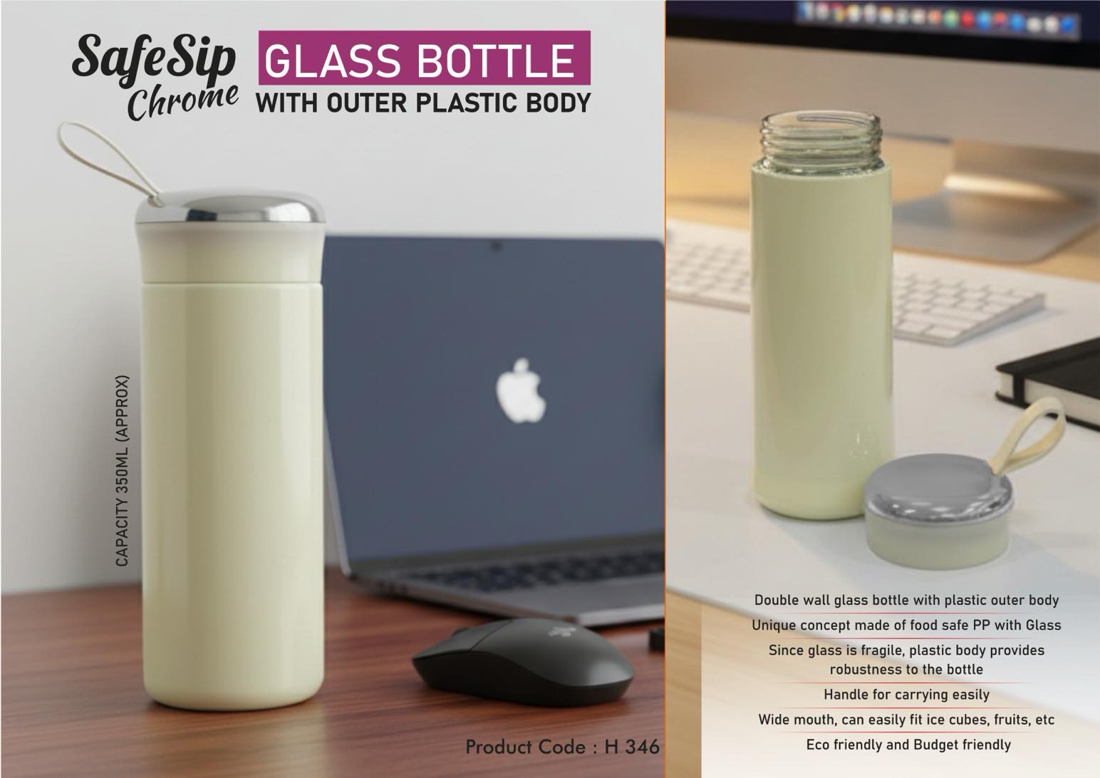 Glass bottle, plastic outer, chrome cap, strap, - 400ml capacity