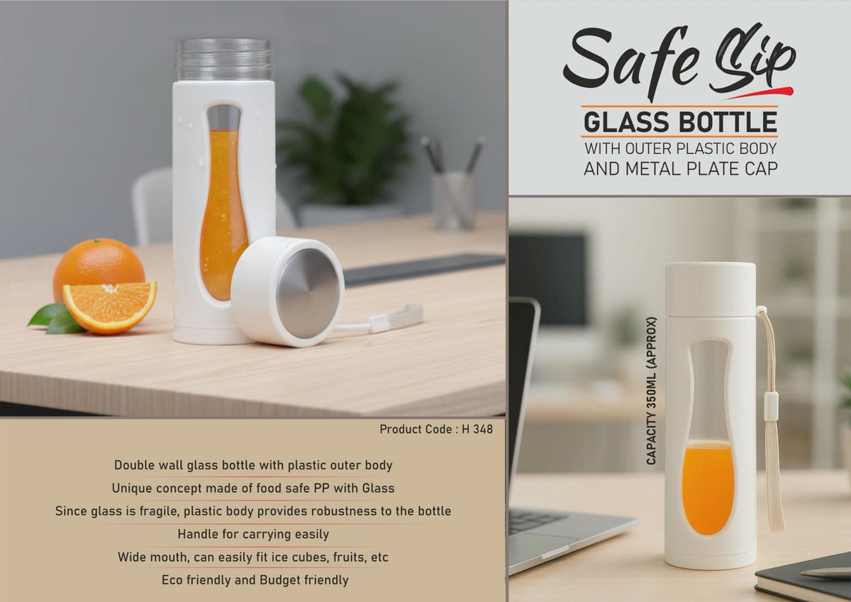 Glass bottle, plastic outer, metal cap, strap, -350ml capacity