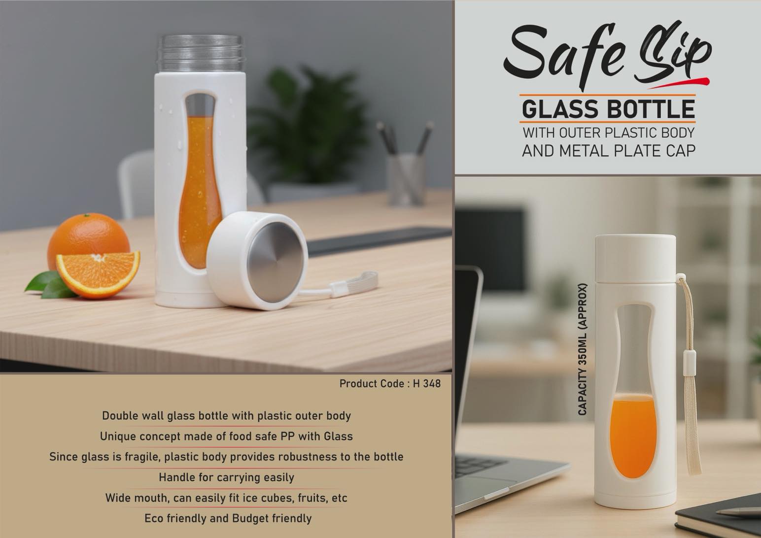 Glass bottle, plastic outer, metal cap, strap, -350ml capacity