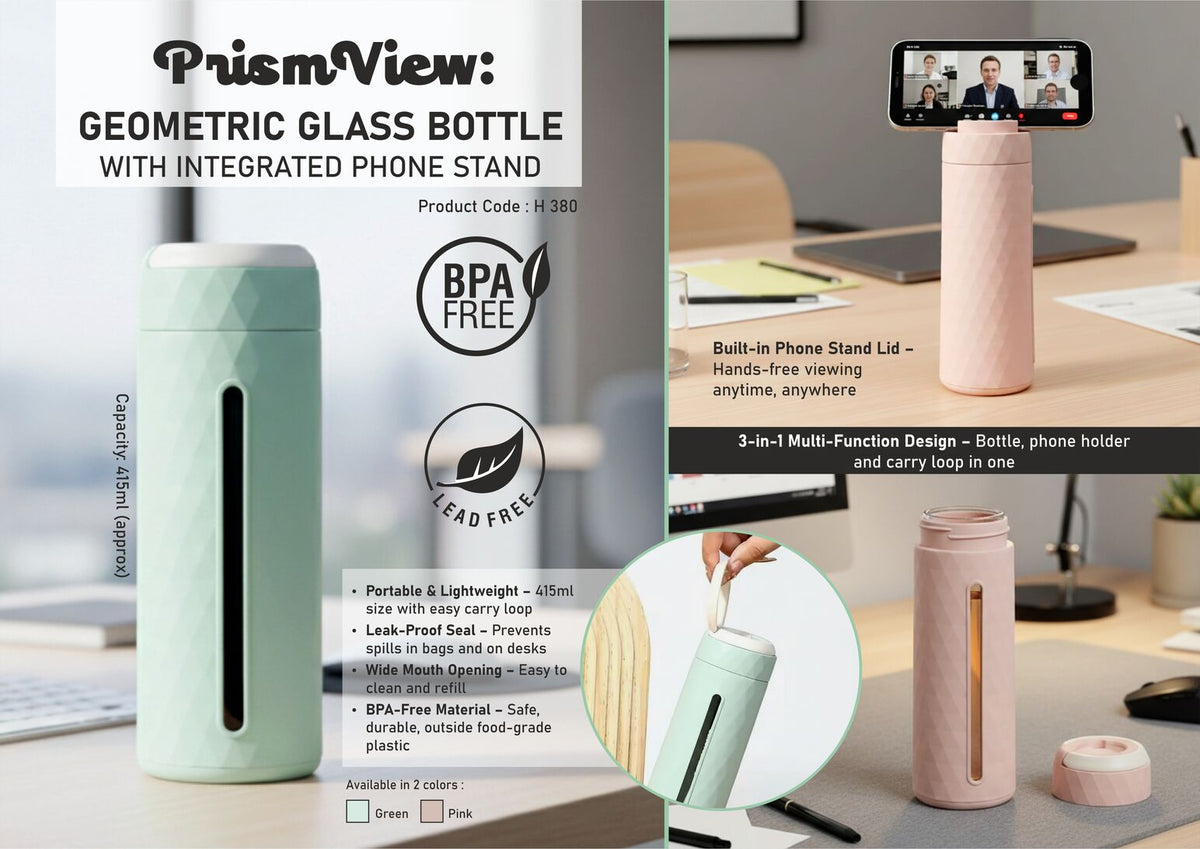 Geometric Glass Bottle with Phone Stand, 415ml Approx